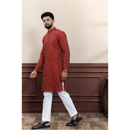 Generic Men's Casual Cotton Printed Full Sleeve Kurta Pyjama Set (Maroon)