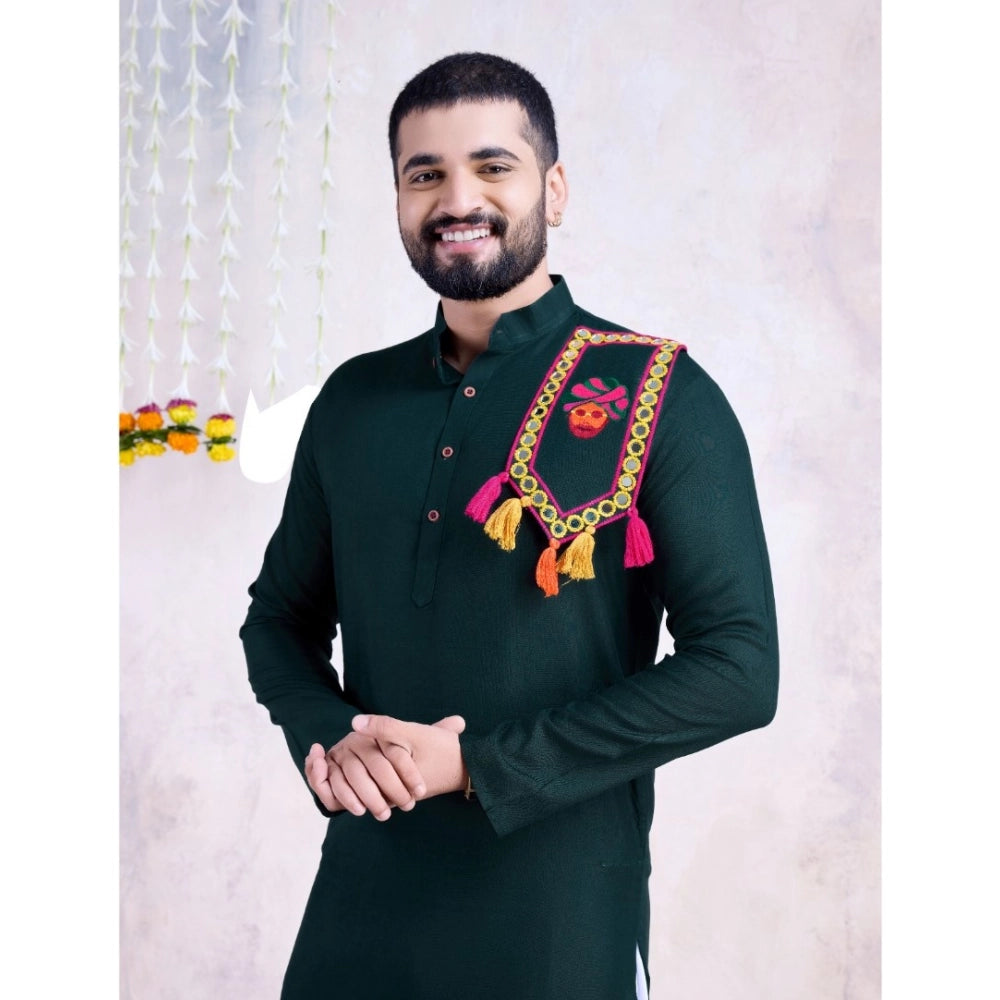 Generic Men's Rayon Mirror Embroidery Mandarin Collar Kurta (Green)
