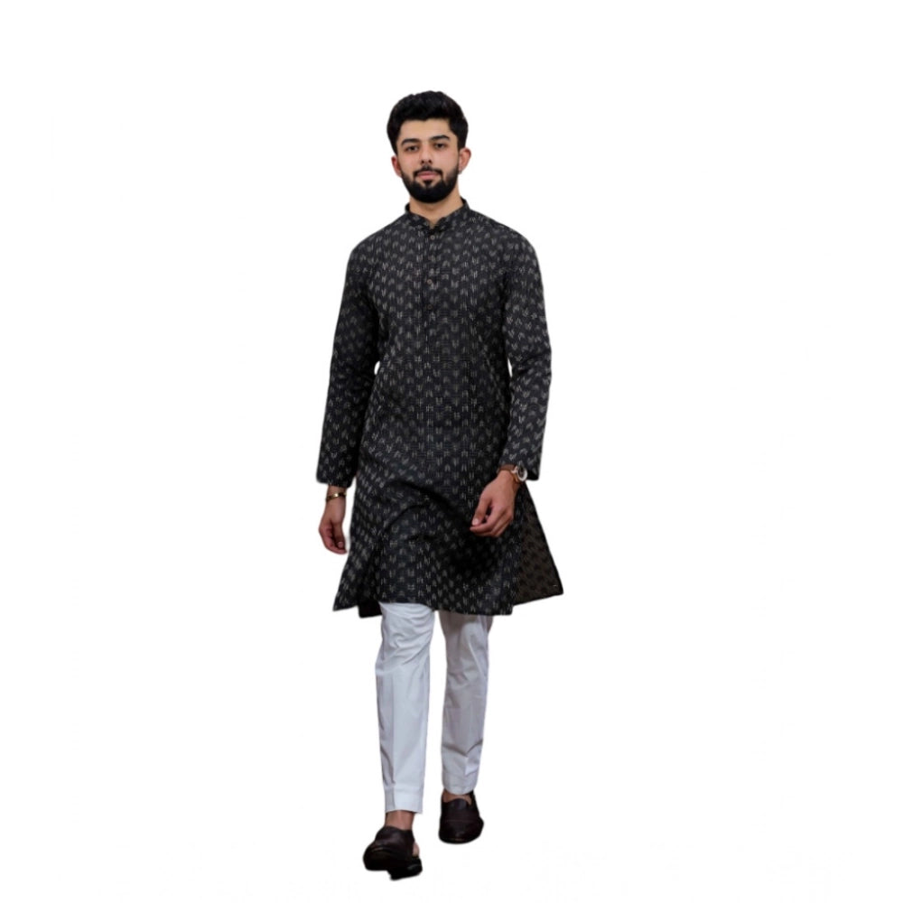 Generic Men's Casual Cotton Printed Full Sleeve Kurta Pyjama Set (Black)