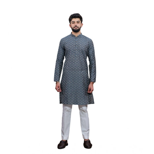 Generic Men's Casual Cotton Printed Full Sleeve Kurta Pyjama Set (Grey)