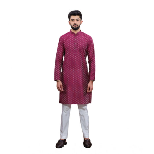 Generic Men's Casual Cotton Printed Full Sleeve Kurta Pyjama Set (Purple)