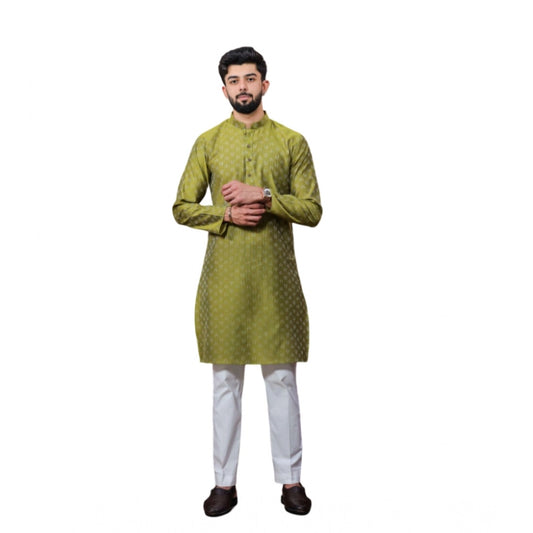 Generic Men's Casual Cotton Printed Full Sleeve Kurta Pyjama Set (Mahendi)