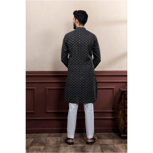Generic Men's Casual Cotton Printed Full Sleeve Kurta Pyjama Set (Black)
