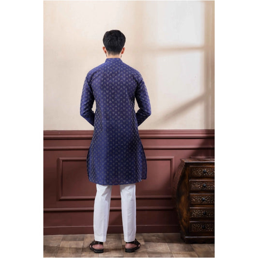 Generic Men's Casual Cotton Printed Full Sleeve Kurta Pyjama Set (Navy Blue)