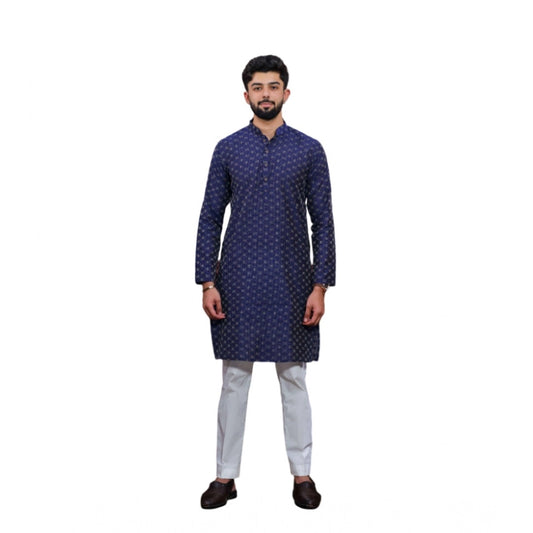 Generic Men's Casual Cotton Printed Full Sleeve Kurta Pyjama Set (Blue)