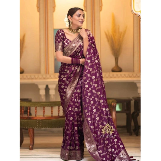 Generic Women's Silk Woven Kanjivaram Saree With Unstitched Blouse (5.5Mtr, Dark Purple)
