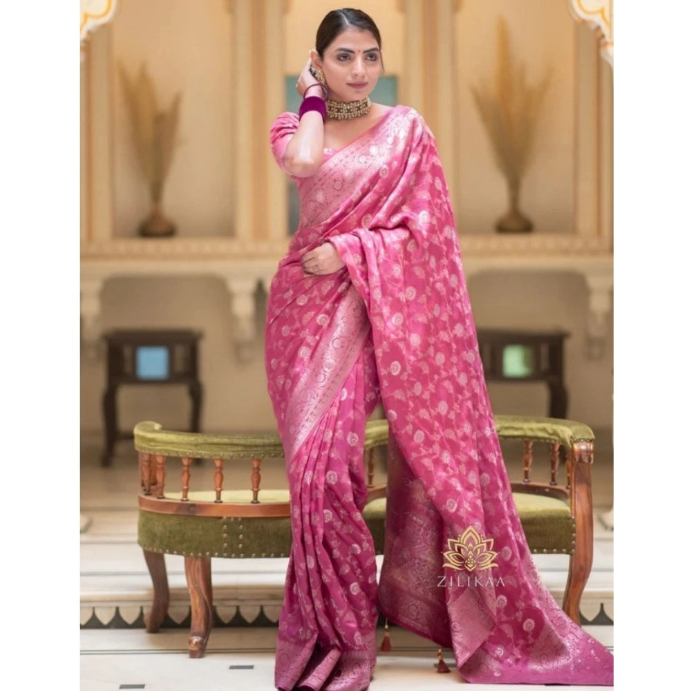Generic Women's Silk Woven Kanjivaram Saree With Unstitched Blouse (5.5Mtr, Pink)