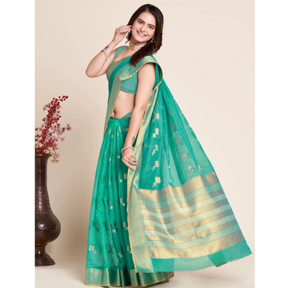 Generic Women's Silk Blend Printed Banarasi Saree With Unstitched Blouse (5.5Mtr, Rama Green)