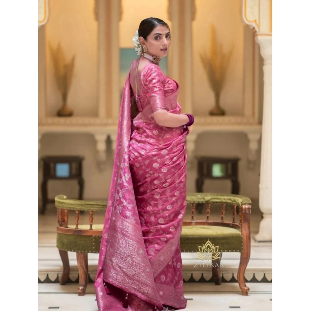 Generic Women's Silk Woven Kanjivaram Saree With Unstitched Blouse (5.5Mtr, Pink)