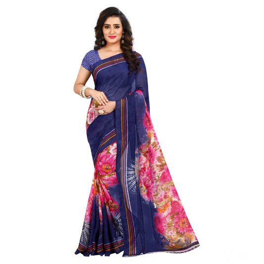 Generic Women's Georgette Printed Saree With Unstitched Blouse 5.5Mtr (Blue)