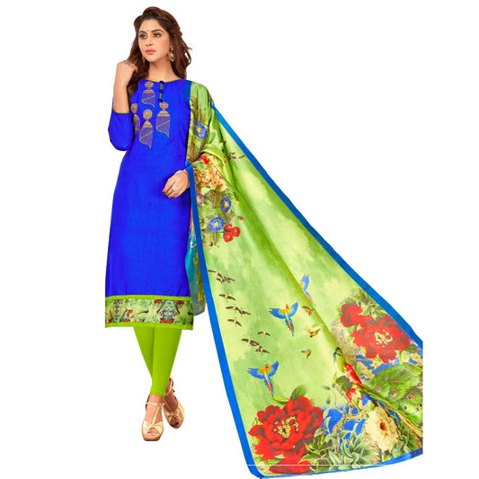 Slub Cotton Fabric Blue Color Unstitched Salwar-Suit Material With Dupatta