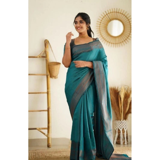 Generic Women's Litchi silk Printed Saree With Unstitched Blouse (Rama Blue)