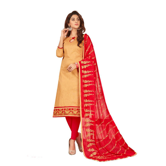 Slub Cotton Fabric Beige Color Unstitched Salwar-Suit Material With Dupatta