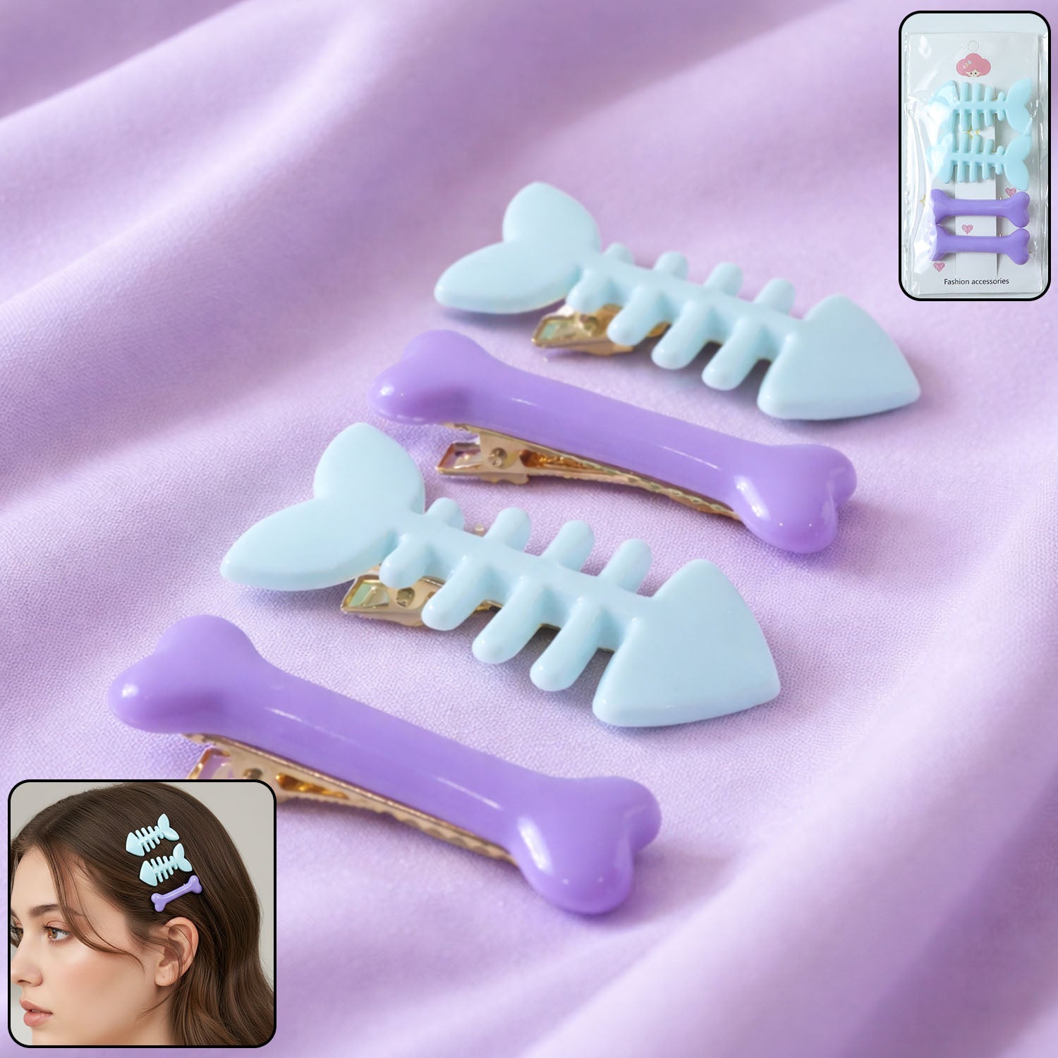 Fishbone bone design hair clip pack