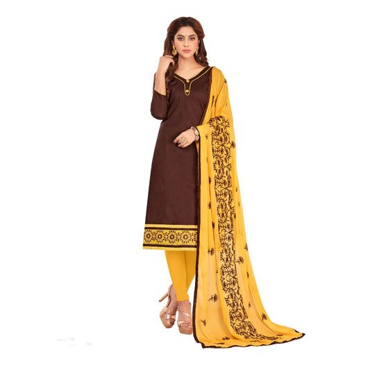 Slub Cotton Fabric Brown Color Unstitched Salwar-Suit Material With Dupatta