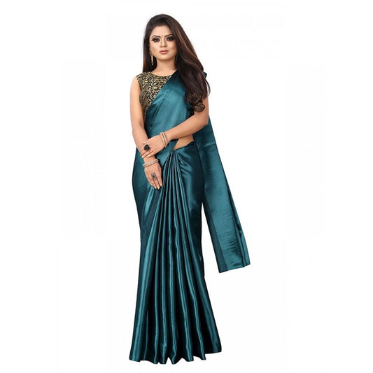 Generic Women's Satin Printed Saree With Unstitched Blouse 5.5Mtr (Rama)