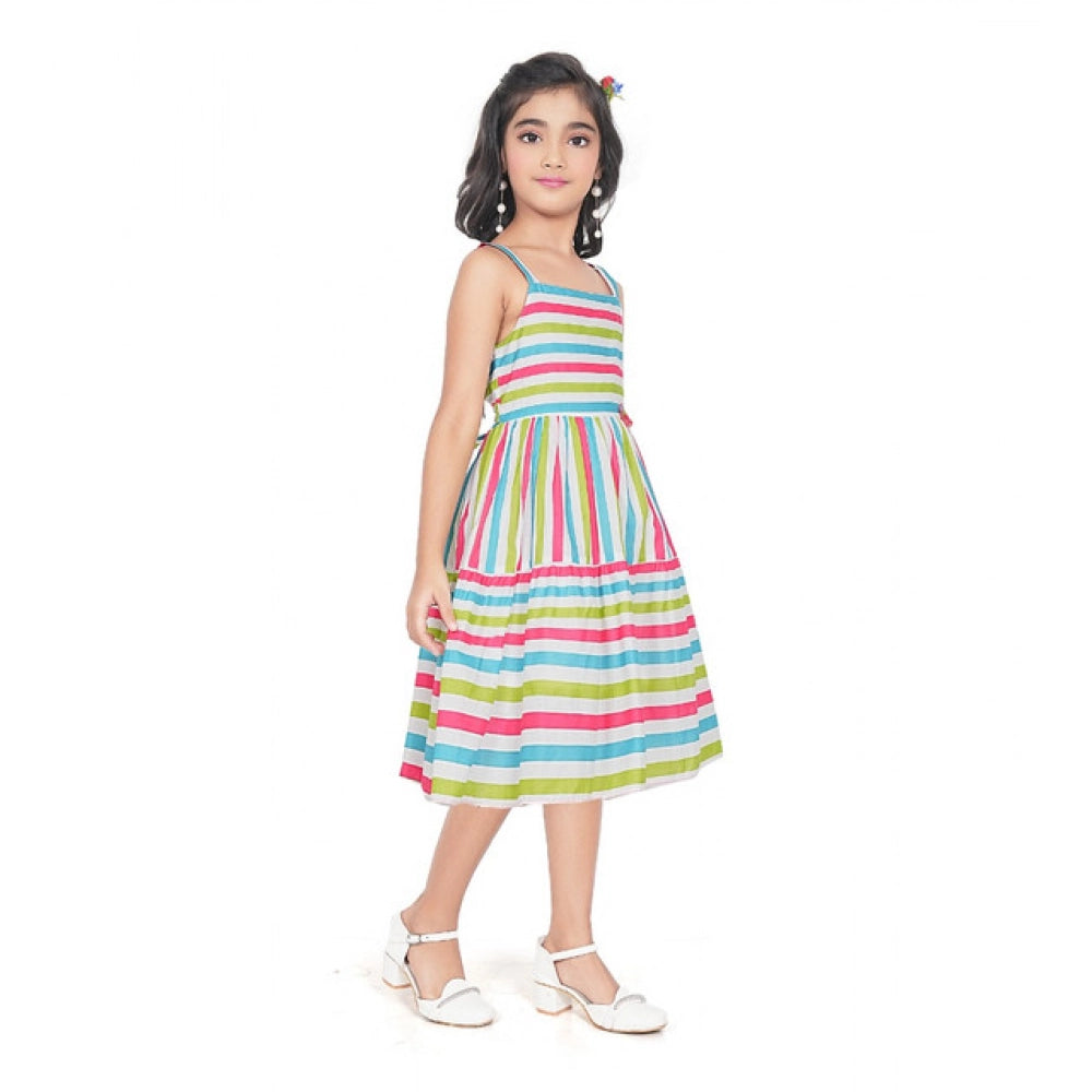 Generic Girl's Cotton Striped Sleeve Less Squre Neck Dress (Multicolor)