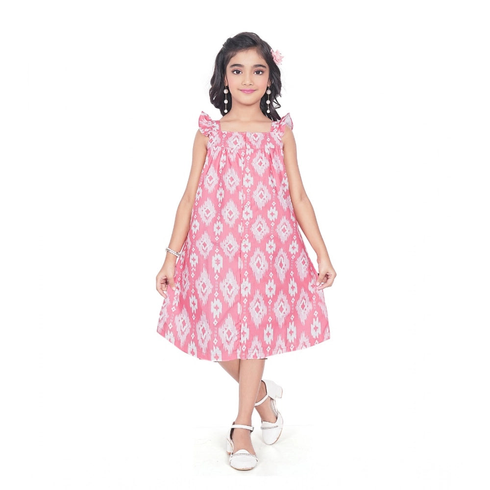 Generic Girl's Cotton Printed Sleeve Less Squre Neck Dress (Pink)