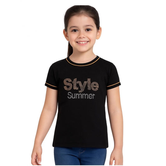 Generic Girl's Cotton Printeded Round Neck T-Shirt (Black)