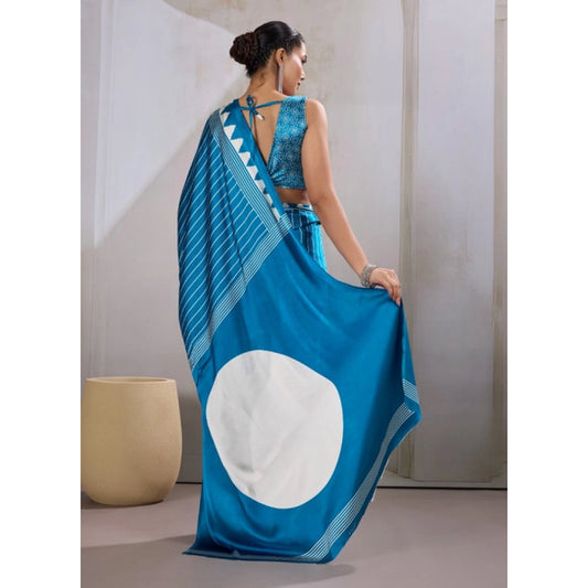 Generic Women's Satin Crepe Printed Saree With Unstitched Blouse 5.5Mtr (Rama Blue)