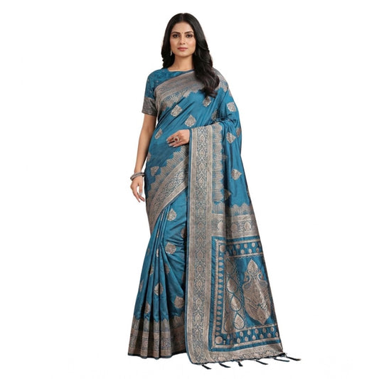 Generic Women's Silk Blend Printed Saree With Unstitched Blouse 5.5Mtr (Teal)