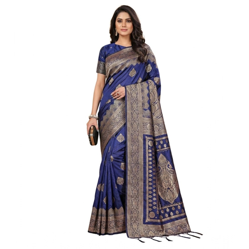 Generic Women's Silk Blend Printed Saree With Unstitched Blouse 5.5Mtr (Navy Blue)