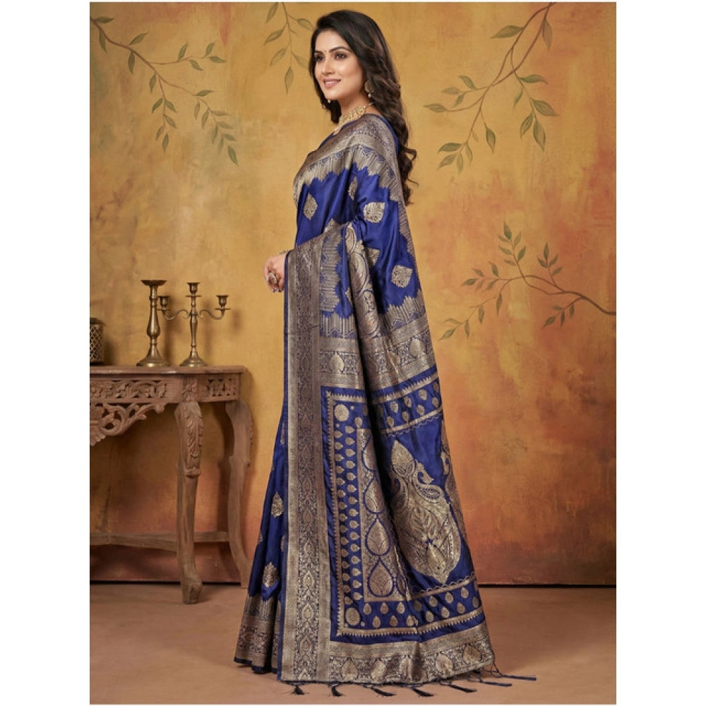 Generic Women's Silk Blend Printed Saree With Unstitched Blouse 5.5Mtr (Navy Blue)