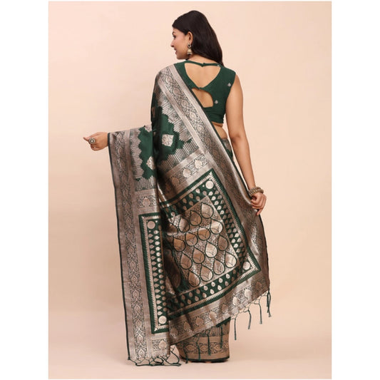 Generic Women's Banarasi Silk Printed Saree With Unstitched Blouse 5.5Mtr (Green)