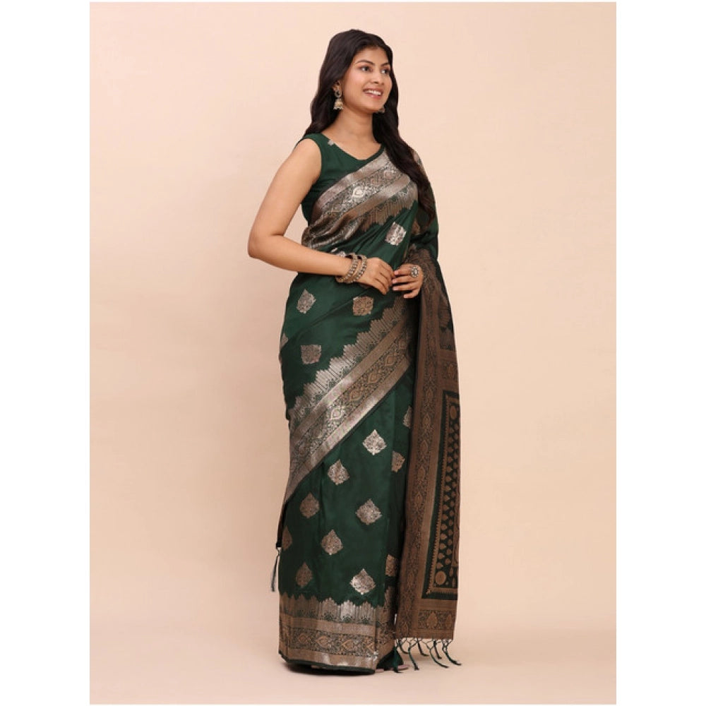 Generic Women's Banarasi Silk Printed Saree With Unstitched Blouse 5.5Mtr (Green)