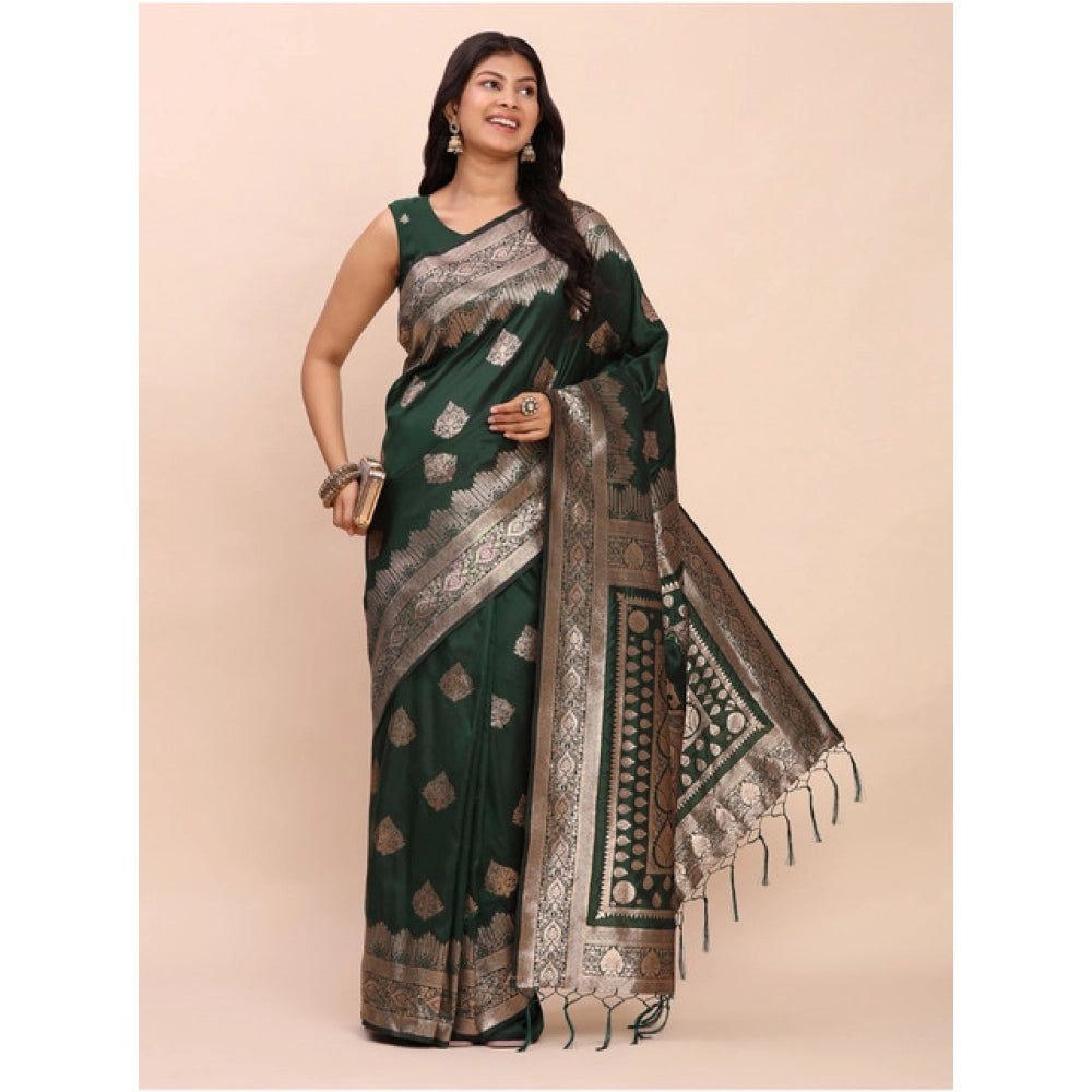 Generic Women's Banarasi Silk Printed Saree With Unstitched Blouse 5.5Mtr (Green)