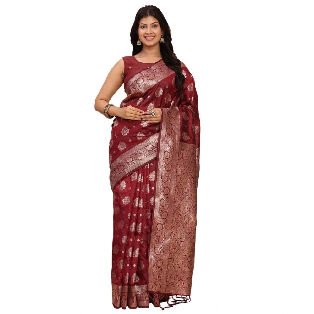 Generic Women's Banarasi Silk Printed Saree With Unstitched Blouse 5.5Mtr (Maroon)