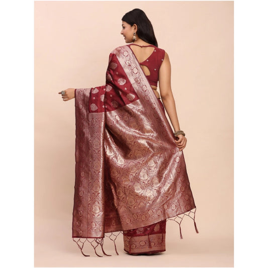 Generic Women's Banarasi Silk Printed Saree With Unstitched Blouse 5.5Mtr (Maroon)