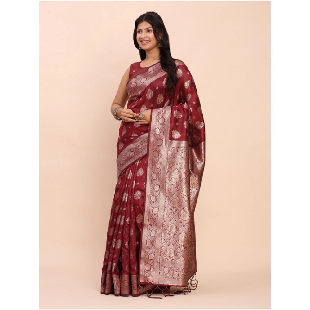 Generic Women's Banarasi Silk Printed Saree With Unstitched Blouse 5.5Mtr (Maroon)