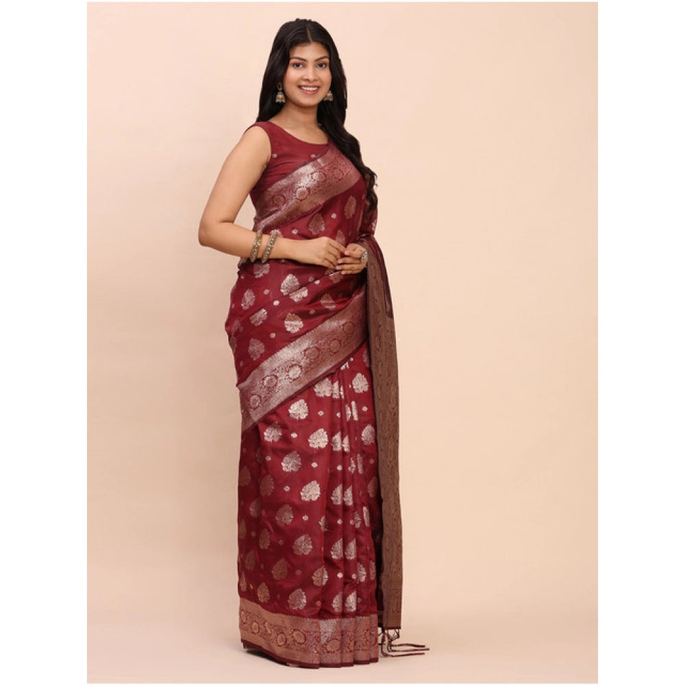 Generic Women's Banarasi Silk Printed Saree With Unstitched Blouse 5.5Mtr (Maroon)