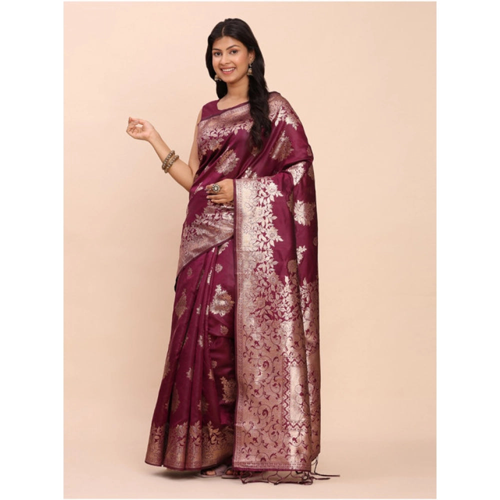 Generic Women's Banarasi Silk Printed Saree With Unstitched Blouse 5.5Mtr (Purple)