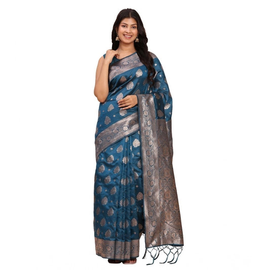 Generic Women's Banarasi Silk Printed Saree With Unstitched Blouse 5.5Mtr (Teal Blue)