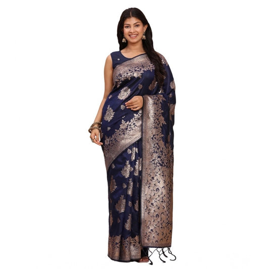Generic Women's Banarasi Silk Printed Saree With Unstitched Blouse 5.5Mtr (Navy Blue)