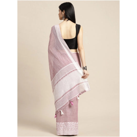Generic Women's Linen Printed Saree With Unstitched Blouse 5.5Mtr (Purple)