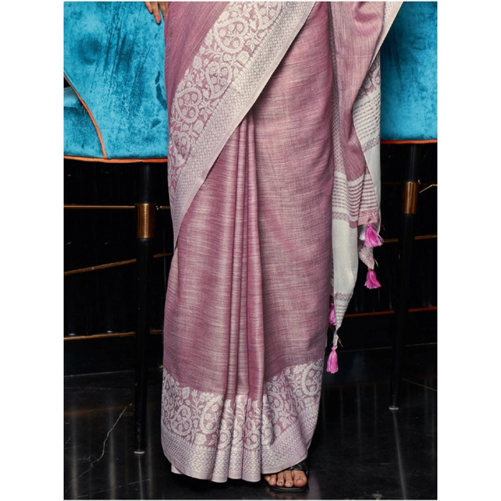Generic Women's Linen Printed Saree With Unstitched Blouse 5.5Mtr (Purple)