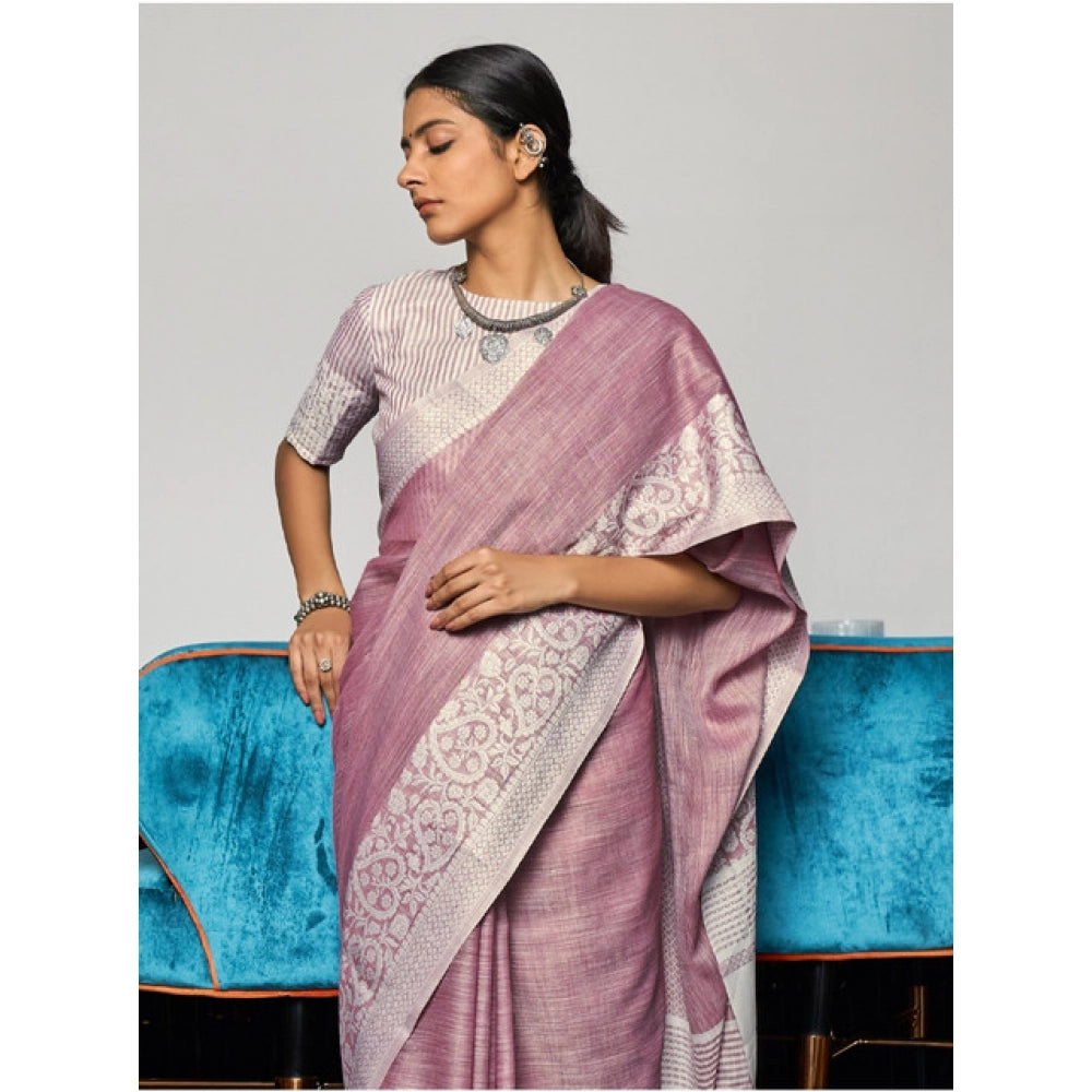 Generic Women's Linen Printed Saree With Unstitched Blouse 5.5Mtr (Purple)