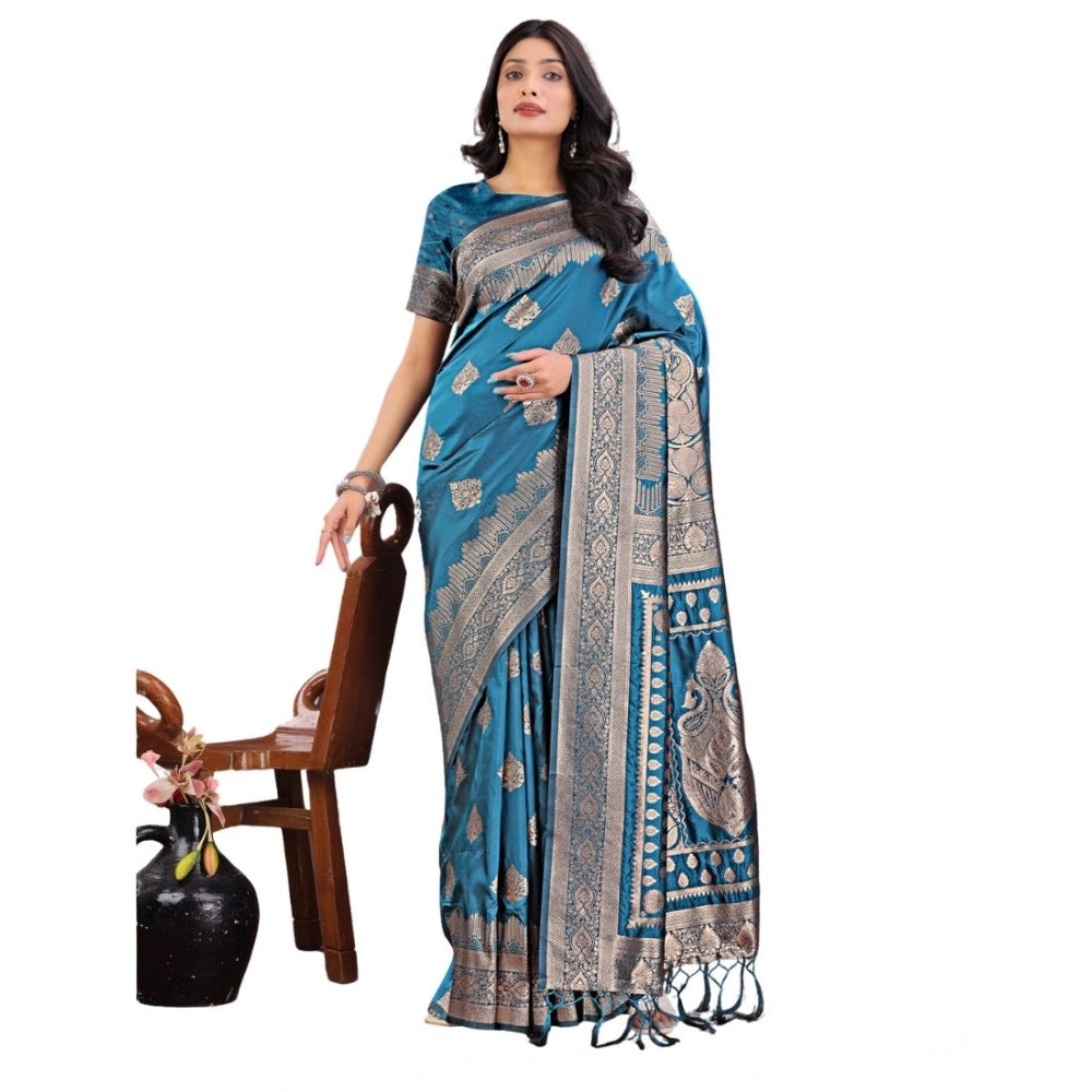 Generic Women's Silk Printed Saree With Unstitched Blouse 5.5Mtr (Teal)