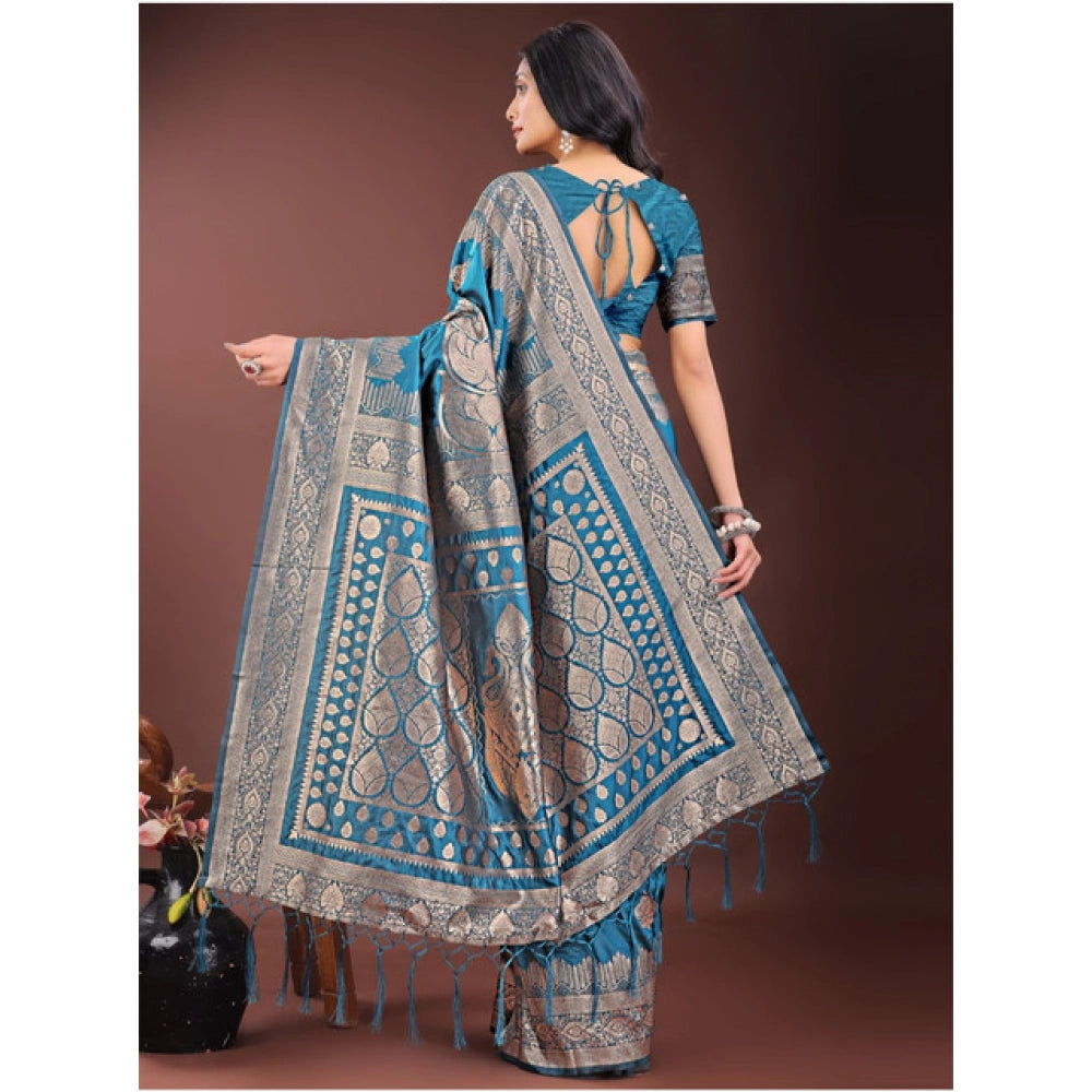Generic Women's Silk Printed Saree With Unstitched Blouse 5.5Mtr (Teal)