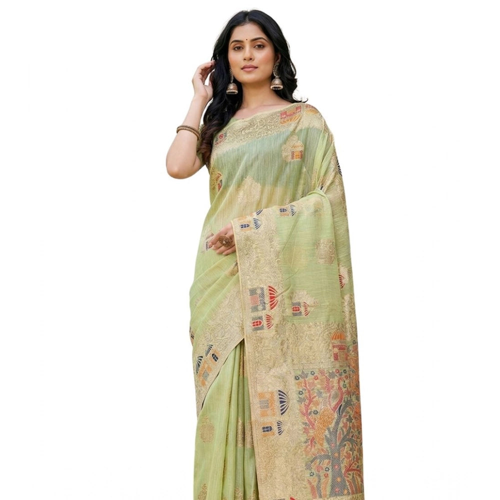 Generic Women's Linen Cotton Printed Saree With Unstitched Blouse 5.5Mtr (Light Green)