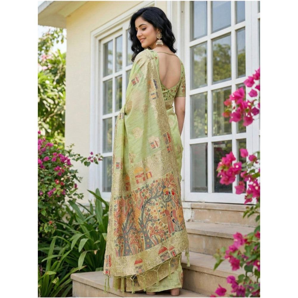 Generic Women's Linen Cotton Printed Saree With Unstitched Blouse 5.5Mtr (Light Green)