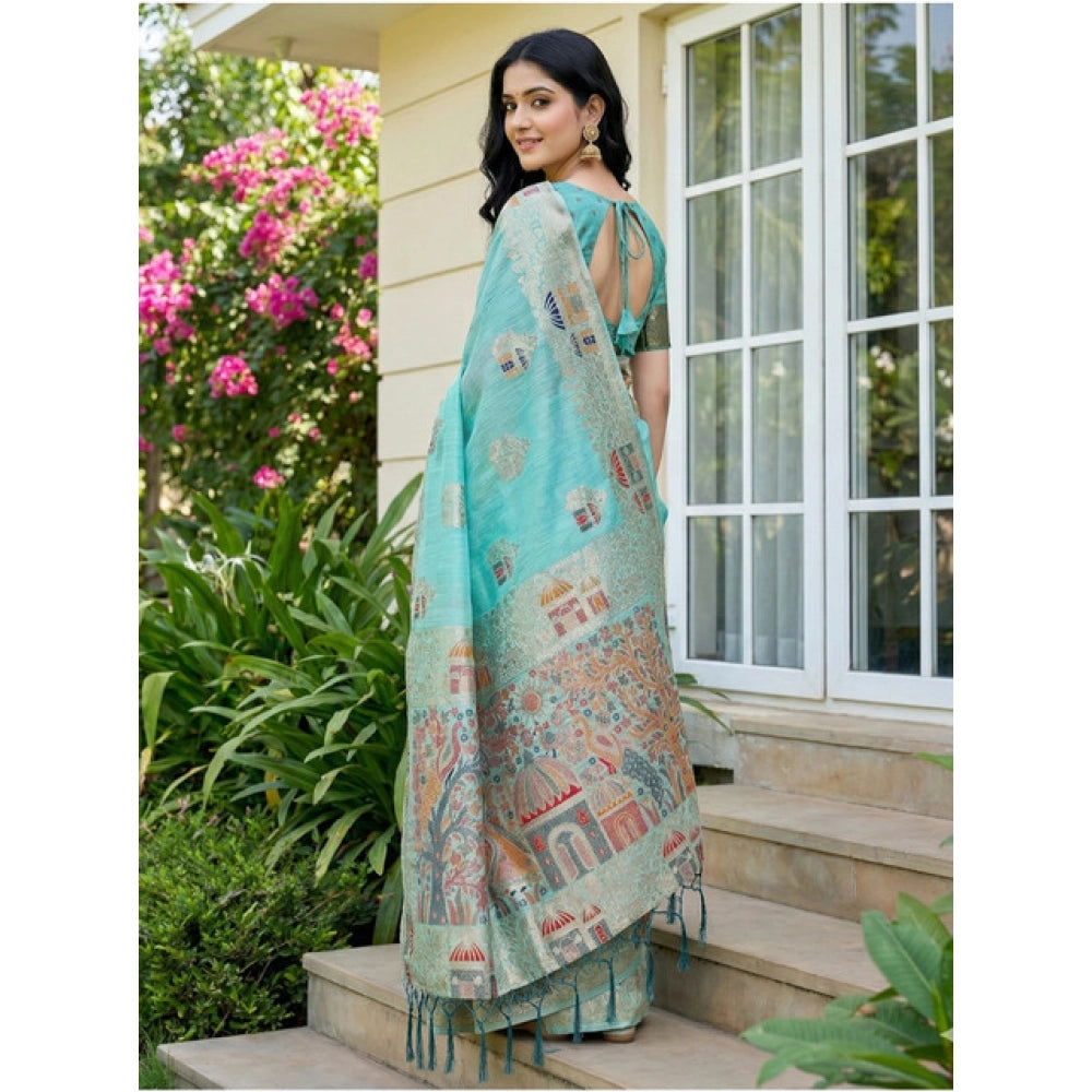 Generic Women's Linen Cotton Printed Saree With Unstitched Blouse 5.5Mtr (Sky Blue)