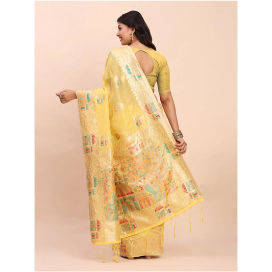 Generic Women's Linen Cotton Printed Saree With Unstitched Blouse 5.5Mtr (Yellow)
