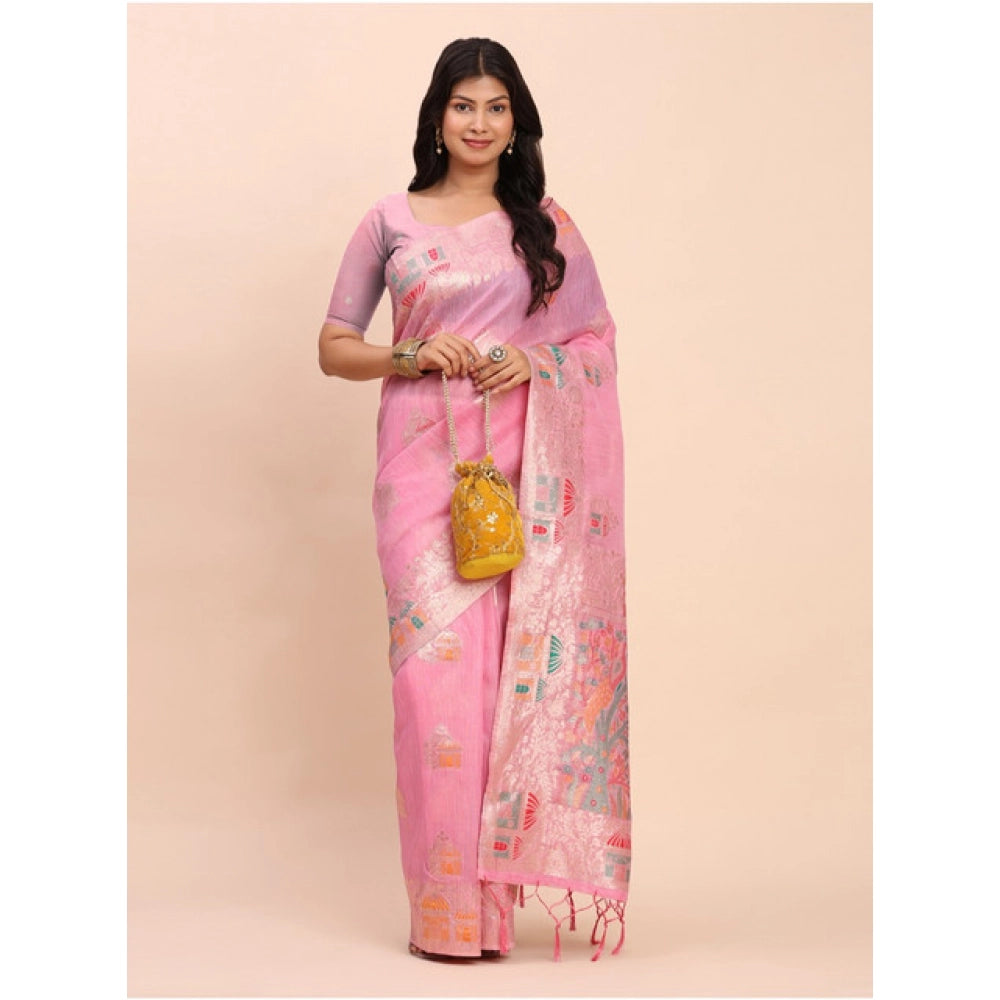 Generic Women's Linen Cotton Printed Saree With Unstitched Blouse 5.5Mtr (Pink)