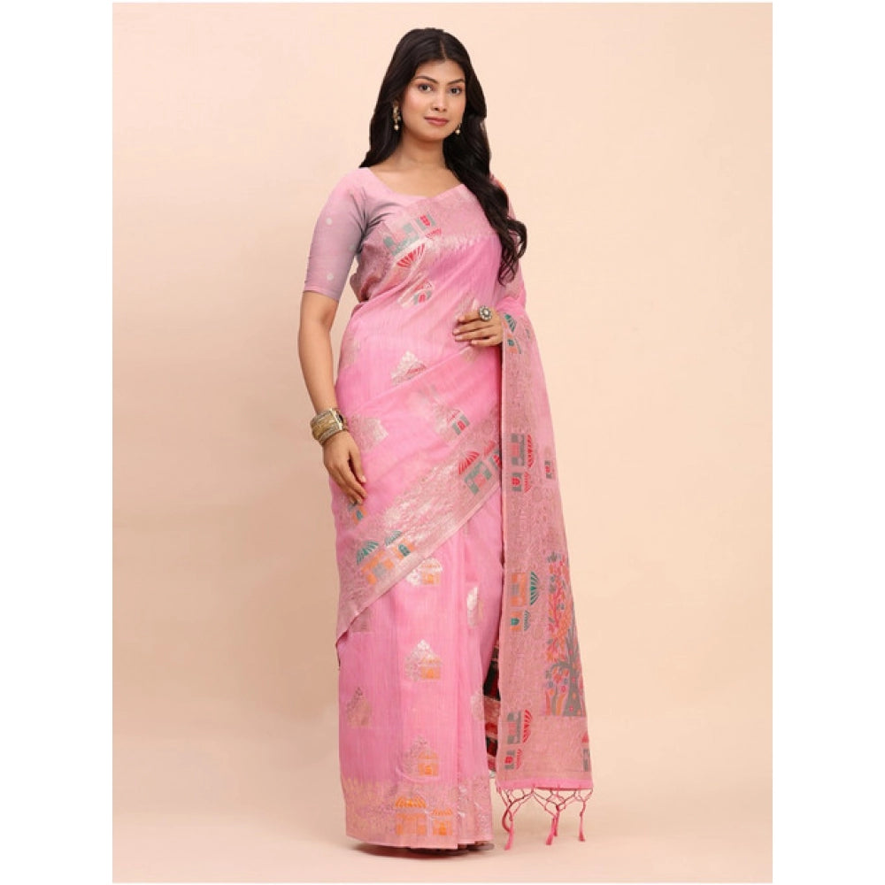 Generic Women's Linen Cotton Printed Saree With Unstitched Blouse 5.5Mtr (Pink)