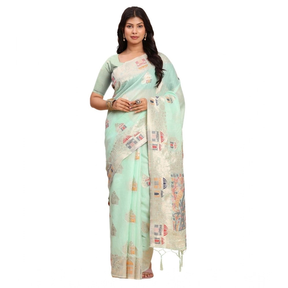 Generic Women's Linen Cotton Printed Saree With Unstitched Blouse 5.5Mtr (Sea Green)
