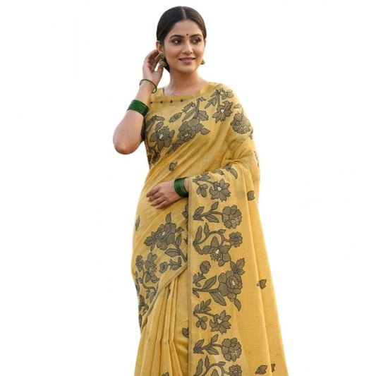 Generic Women's Linen Cotton Printed Saree With Unstitched Blouse 5.5Mtr (Yellow)